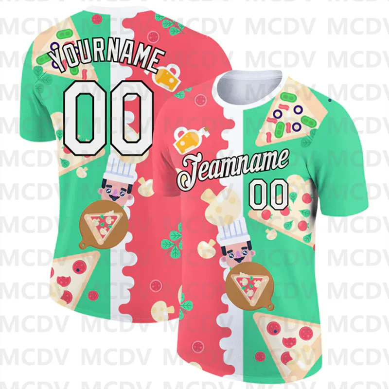 Custom Pea Green Black-Pink 3D Pattern Design Food Pizza Performance T-Shirt