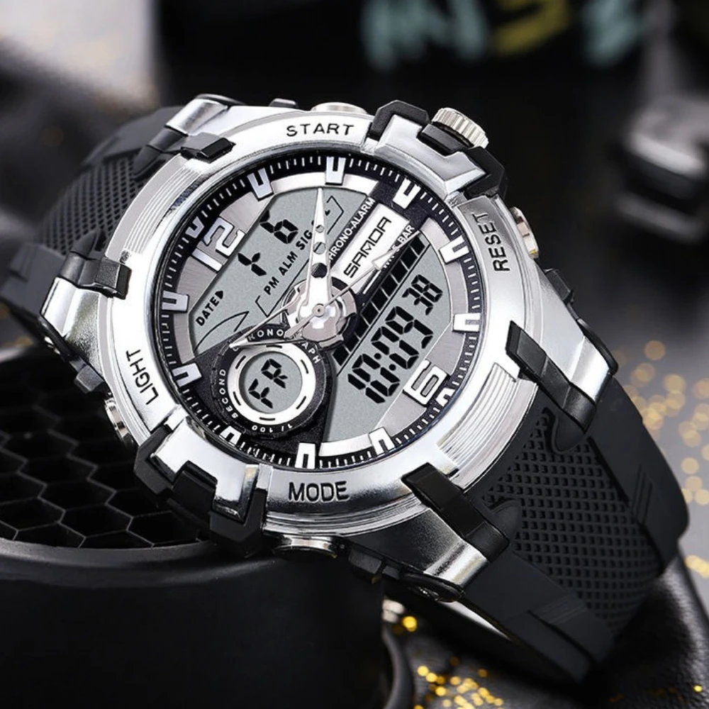 حار بيع ساعة رياضية رجالية جديدة، شخصية باردة للماء الساعات الإلكترونية المألوف الهاتفي عرض مزدوج ساعة المعصم