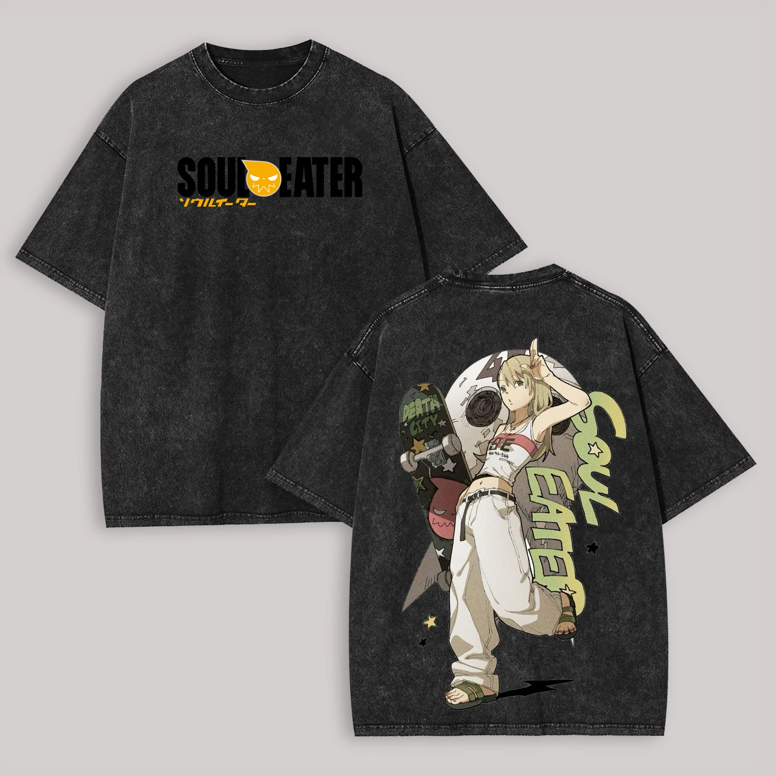 Anime Soul Eater Maka und Soul Vintage Washed T-Shirt, Unisex, Oversized, lässig, kurzärmelig, Harajuku Streetwear, Fan-T-Shirt, Oberteil – Detail 5