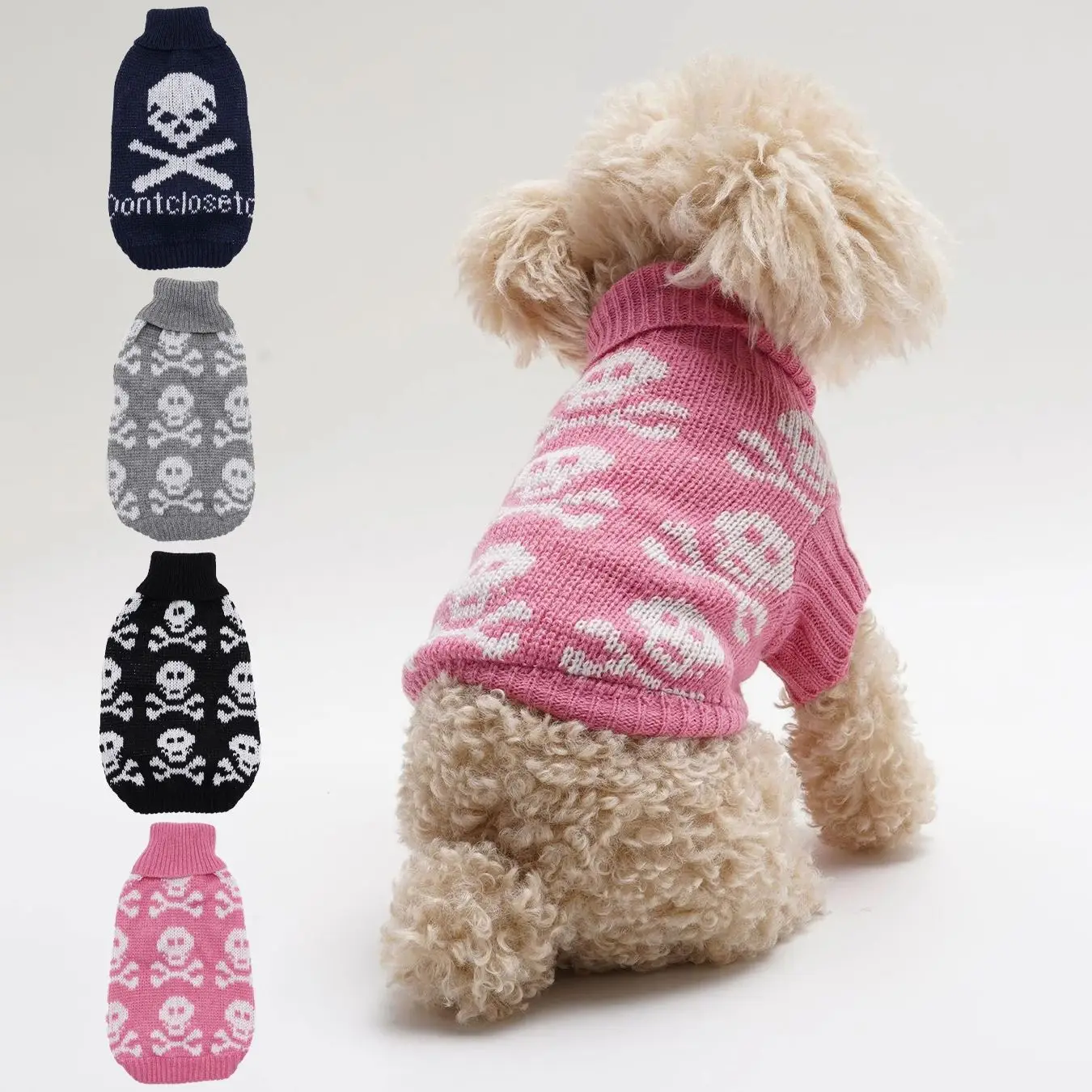 

4 Pack Knitted Pet Sweater with Full Print Skull Design And Collar Flip for Small to Medium Dogs English Pattern