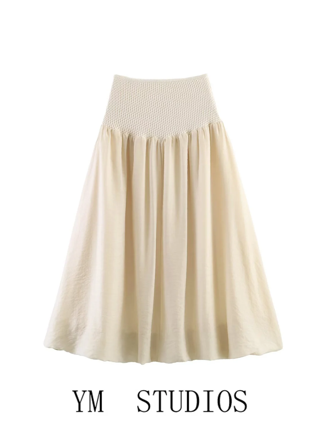High Waist Knitted Midi Skirt Women's Gentle Series Waist Splicing Half-length A-line Skirt in Beige for Summer Season