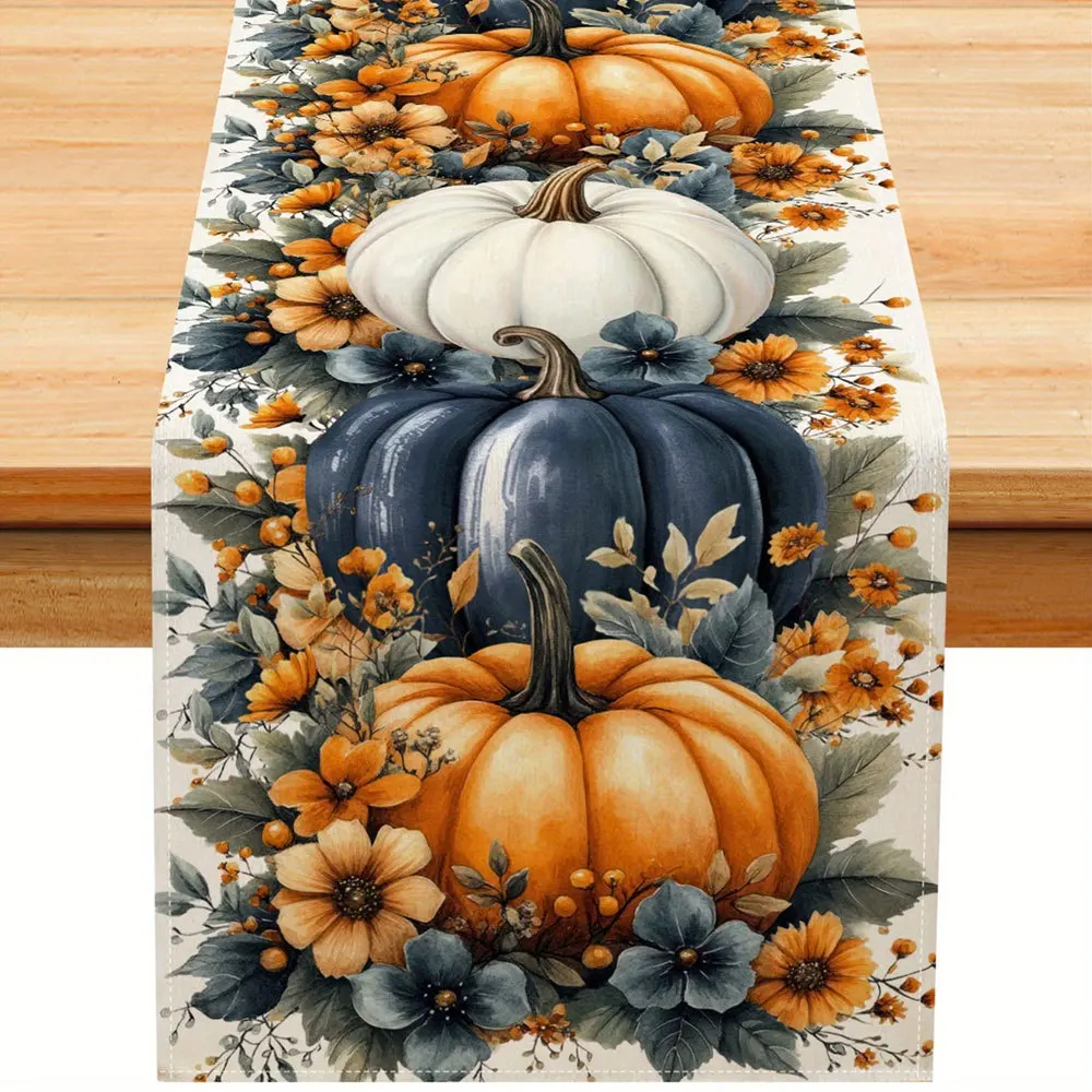 Linen Table Runner Navy Blue Pumpkin Print on Beige Autumn Table Decor  Dining Table  Kitchen