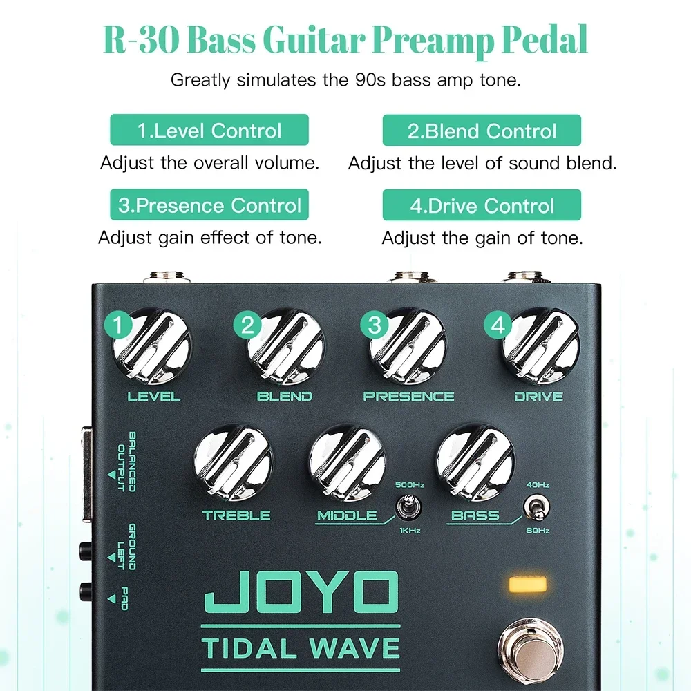 JOYO R-30 TIDAL WAVE Preamplificatore per basso Pedale per chitarra Basso classico Tono degli anni \'90 Supporta la funzione DI Pedale effetto per