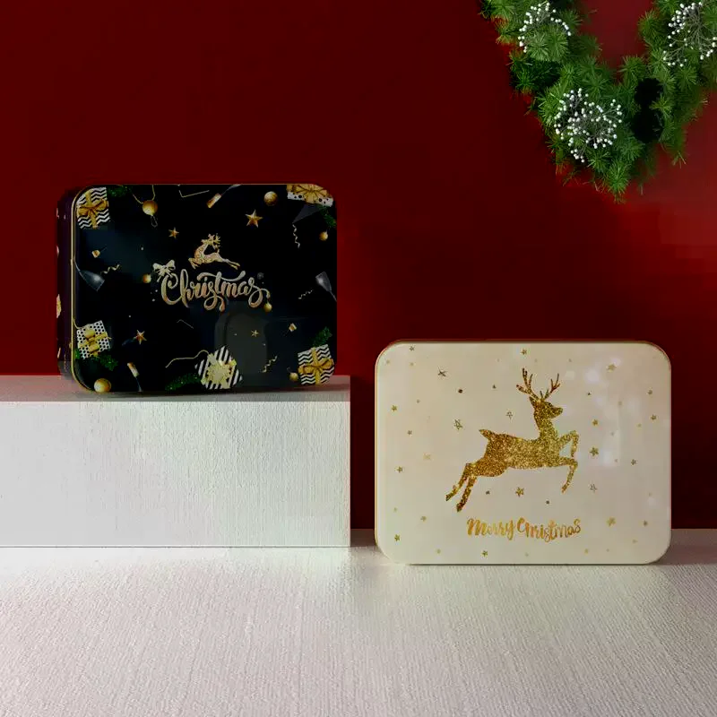 Christmas Tinplate Candy Tin Can Metal Box Cartoon Elk Santa Claus Letter Printed Xmas Candy Cookie Tea Storage Gift Case