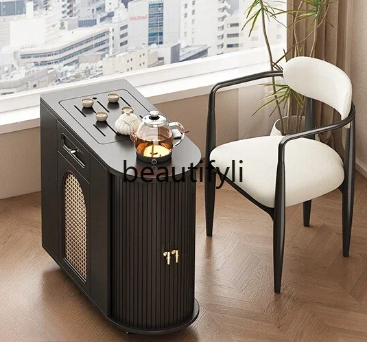 

French retro rock slab tea table kettle integrated automatic coffee table mobile tea cabinet balcony small tea table