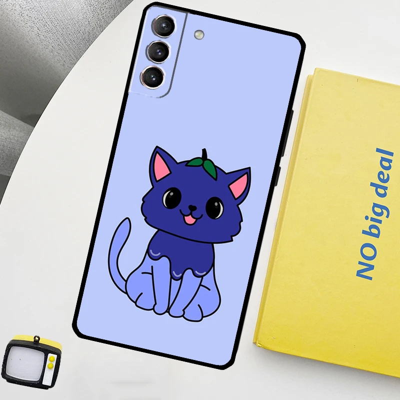 Cute Kawaii Blueberry Cat Case For Samsung Galaxy S23 FE S22 Ultra S20 S21 FE S8 S9 S10 Plus Note 10 20 Ultra Cover