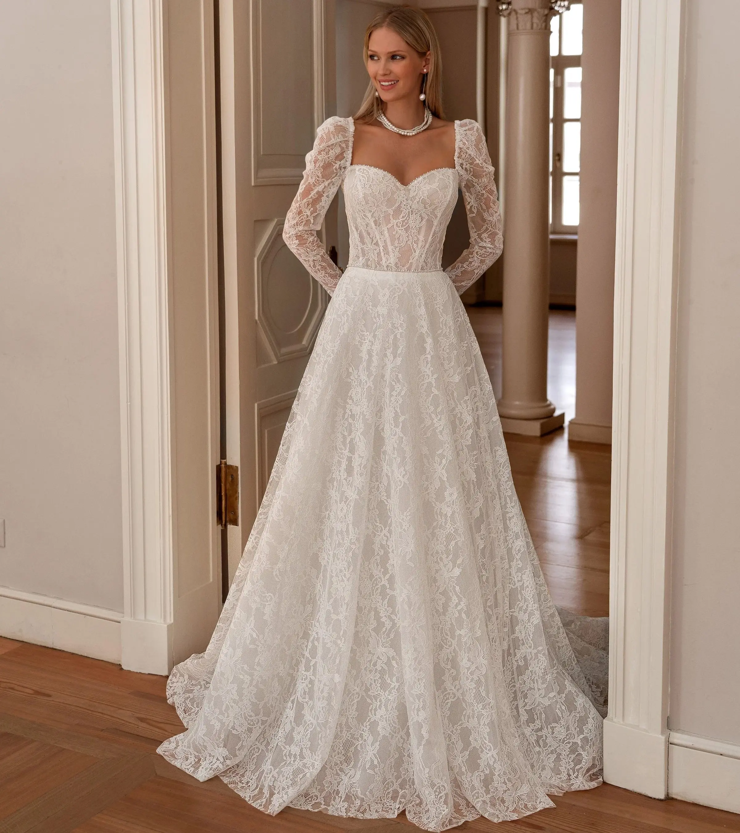 

Gorgerous A Line Wedding Dresses Full Lace Long Sleeves Bridal Gowns Charming Floor Length Customized Vestidos De Mariee