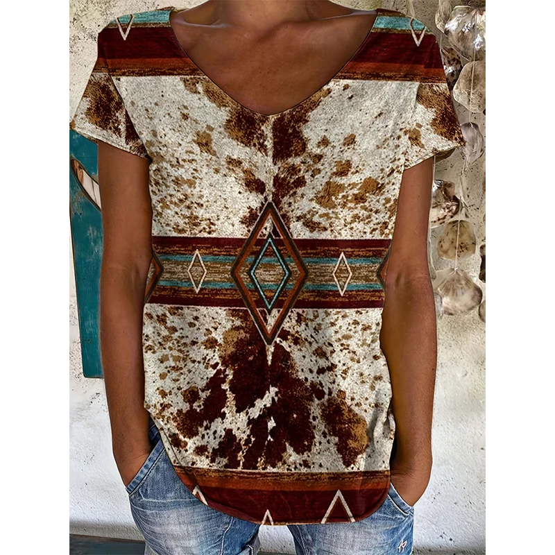 

T-Shirts Ethnic Geometry Floral 3D Print Women Vacation Sunset Streetwear V-Neck T Shirt Harajuku Y2k Top Oversized Tees Clothes