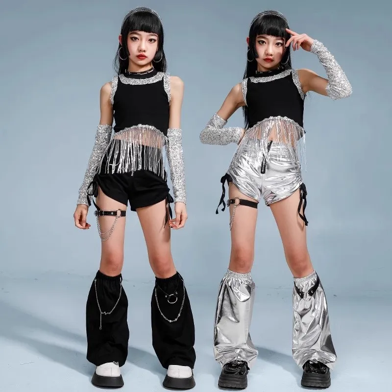 الفتيات الهيب هوب الترتر الفضة المحاصيل الأعلى البضائع السراويل الشارع الرقص السراويل طفل K-pop الجاز الملابس مجموعة الطفل أنيقة الشارع الشهير زي