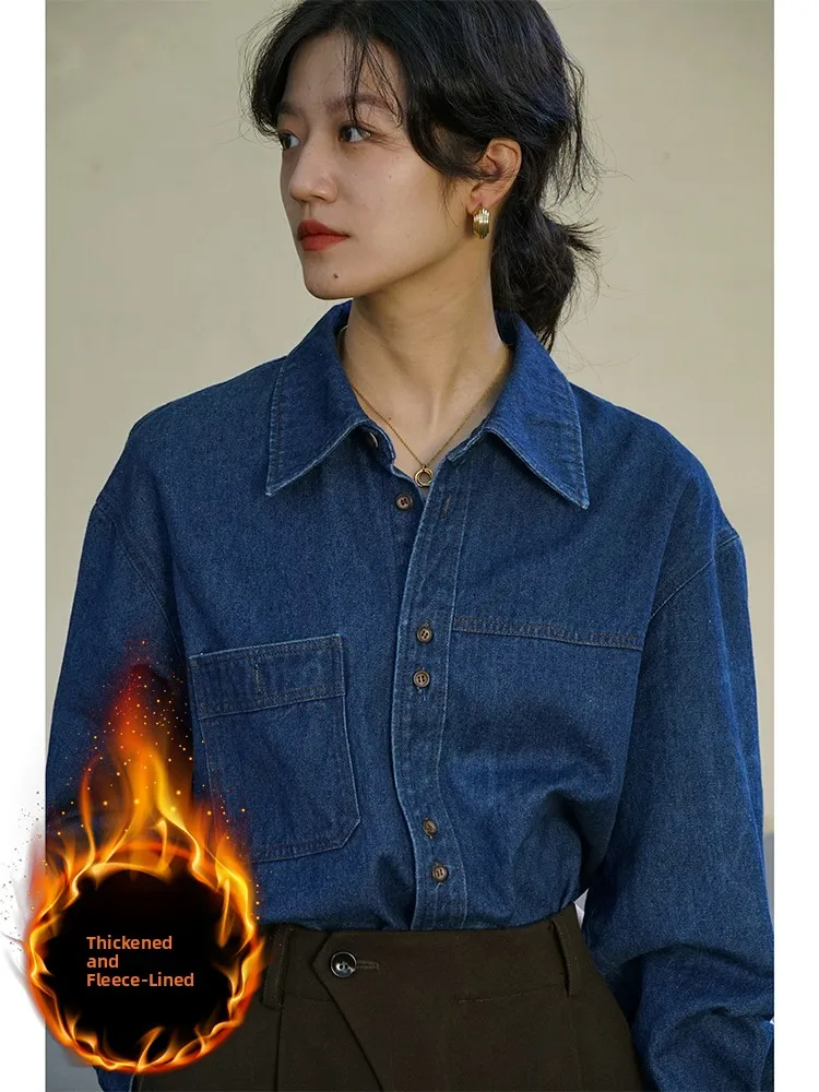 

Retro Hong Kong Style Fleece Lined Denim Shirt Women's Thickened Early Spring Inner Wear Base Shirt Jacket Collar Long S...
