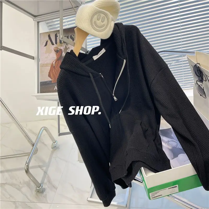 سويت شيرت شتوي بقلنسوة للنساء على الطراز الكوري الجديد فضفاض غير رسمي وسترة مخملية بسحاب