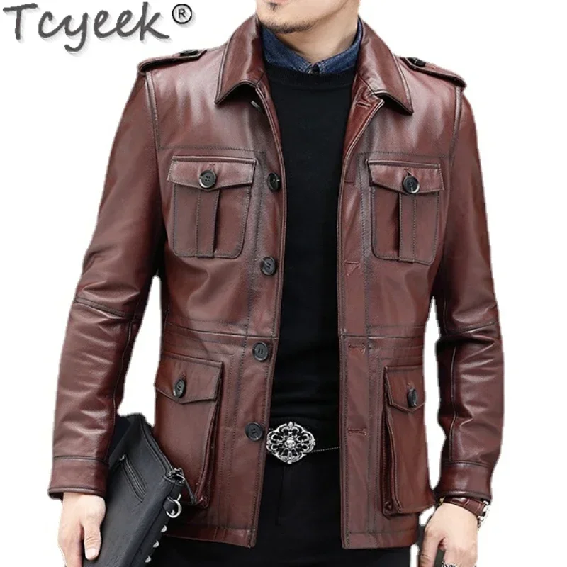 Autumn and Winter Genuine Leather Jacket Men Short Top Layer Cowhide Leather Coat Men's Leather Suits Brown Lapel Clothes