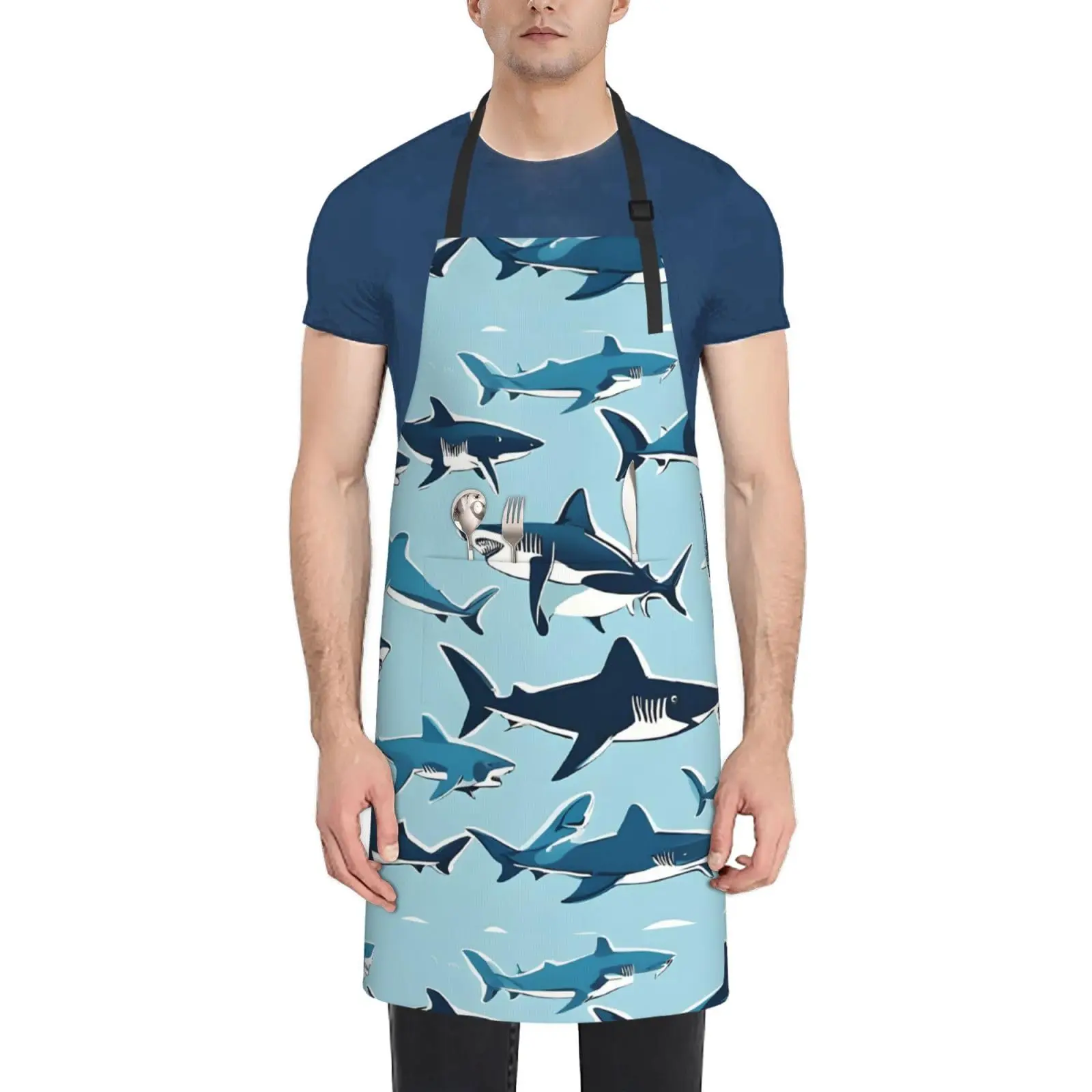 Blue Cartoon Shark Print Aprons For Women,Adjustable Chef'S Apron With Pockets Aprons For Women Men Kitchen, Cooking, Garden