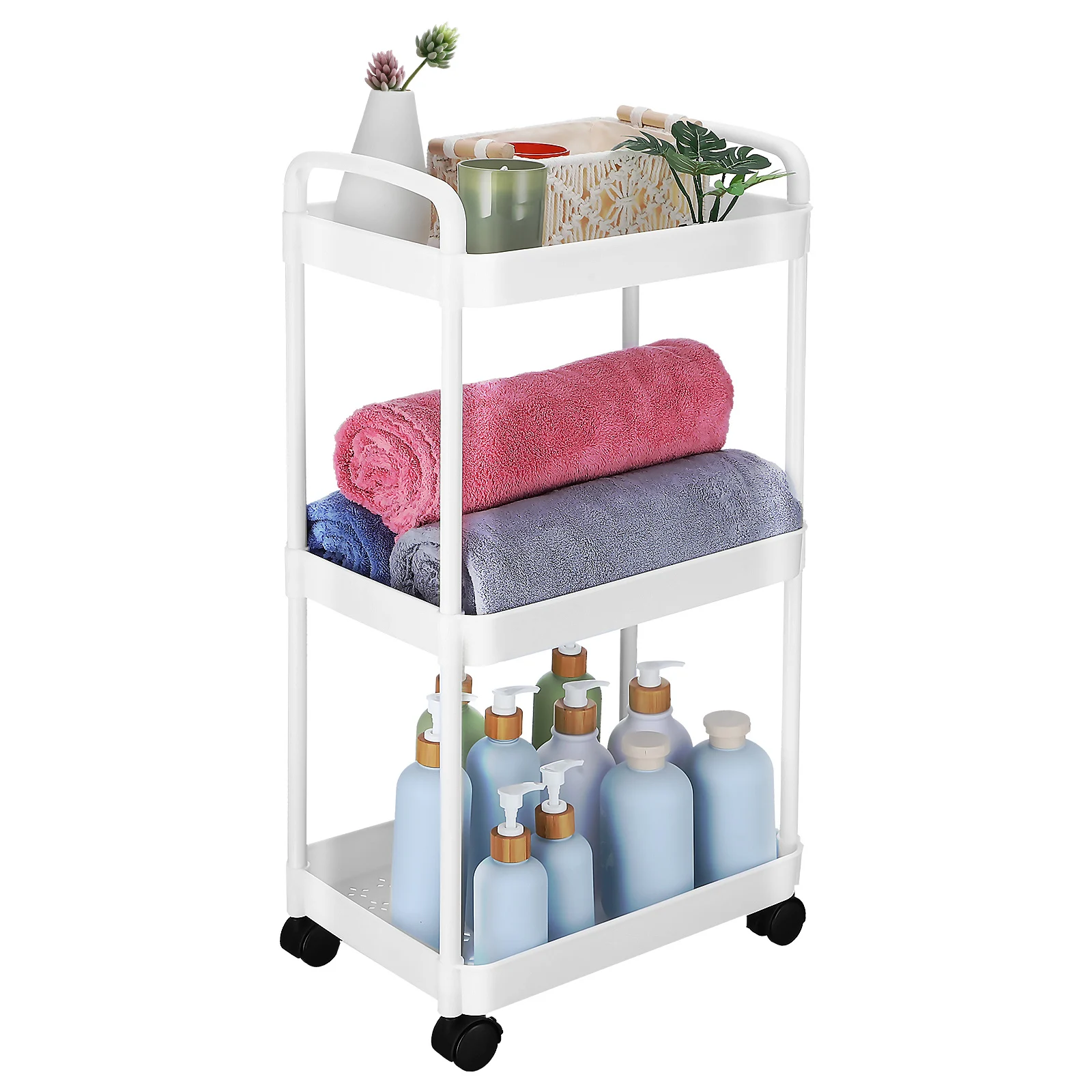 

3 Tier Rolling Cart White 72x37x26cm Multi Layer Compact Strong Bedroom Dorm Utility Carts With Wheels Bookshelf Snack Bedside