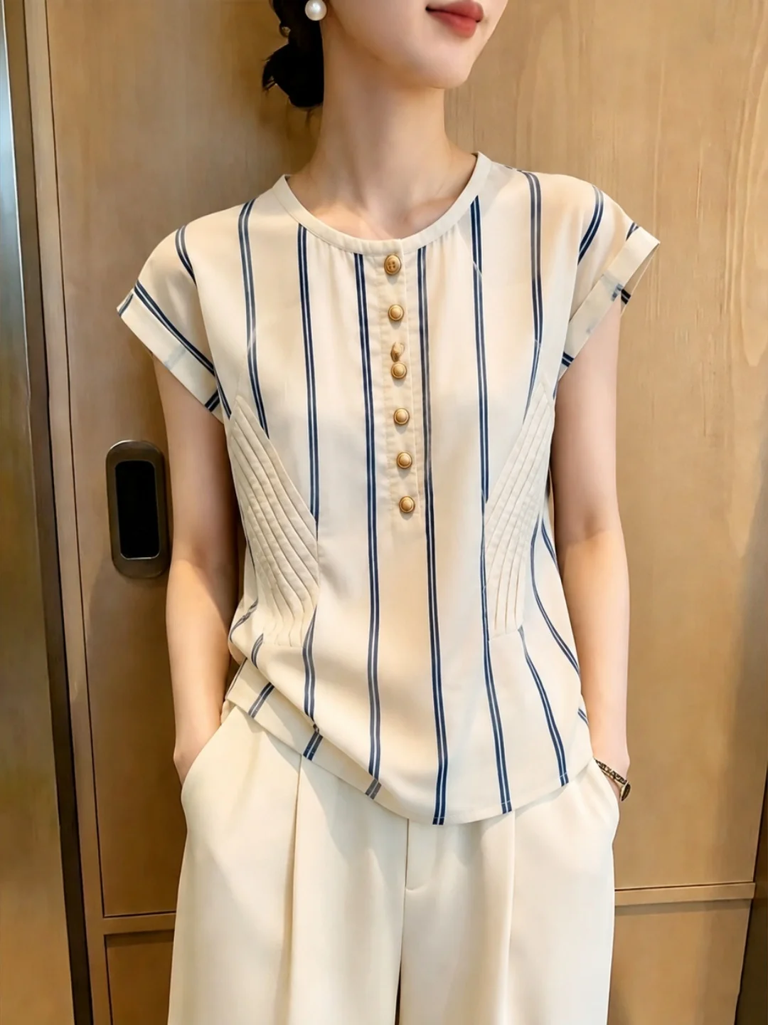 Trendy Color Block Stripe Short Sleeve Women's Top Korean Style Commute Fashion Summer 2026 Poetic Lin Brand Silk Material