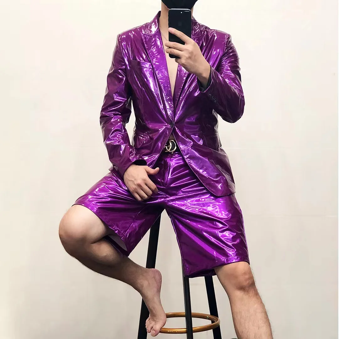 Clothes Men Set Shiny Loose Leather Blazer Jacket+Shorts Large Size Nightclub Singer Performance Elastic Soft Patent Costume