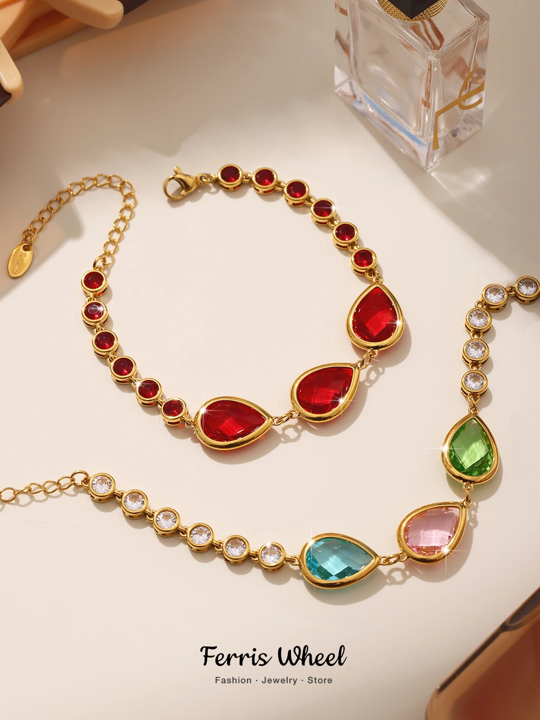 Ferris Wheel Colorful Waterdrop Stainless Steel Bracelet for Women Luxury Zircon Crystal Gold Plated Charm Jewelry