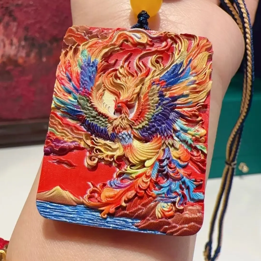 Fidelity Natural Cinnabar Painted Phoenix Pendant Spring Sweater Chain New Chinese Style Necklace Gifts Handmade Carving Pendant