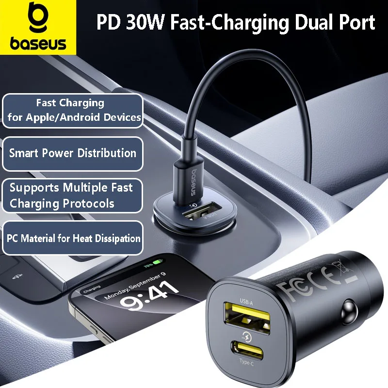 Baseus 30W Autoladegerät Dual Port USB Typ-C Schnellladung PD/QC/FCP/AFC Autotelefon-Ladegerät für iPhone 8-16 Series Android Phone