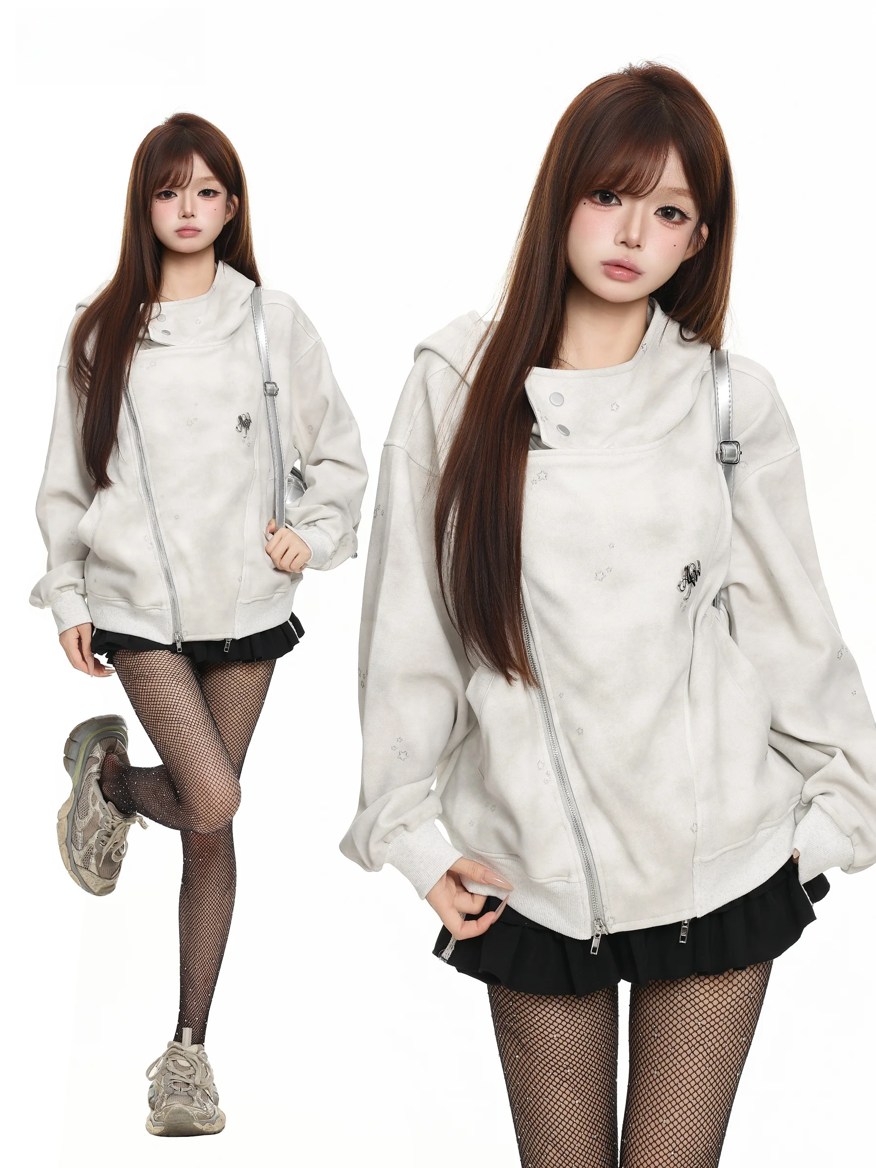 Retro American Dyed Hoodie Sweatshirt Women's Autumn Double Zipper Design Casual Loose Fit Long Sleeve Thermal Outerwear