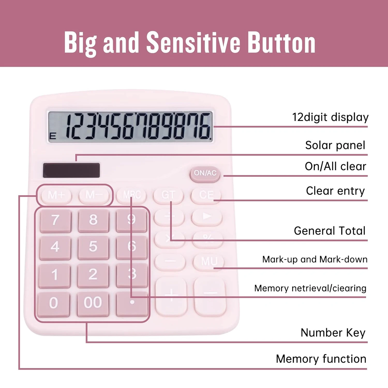 Desktop Calculator with Big Buttons, Dual Power Source, Solar and Battery, Large Display Screen for Office, Teachers, students
