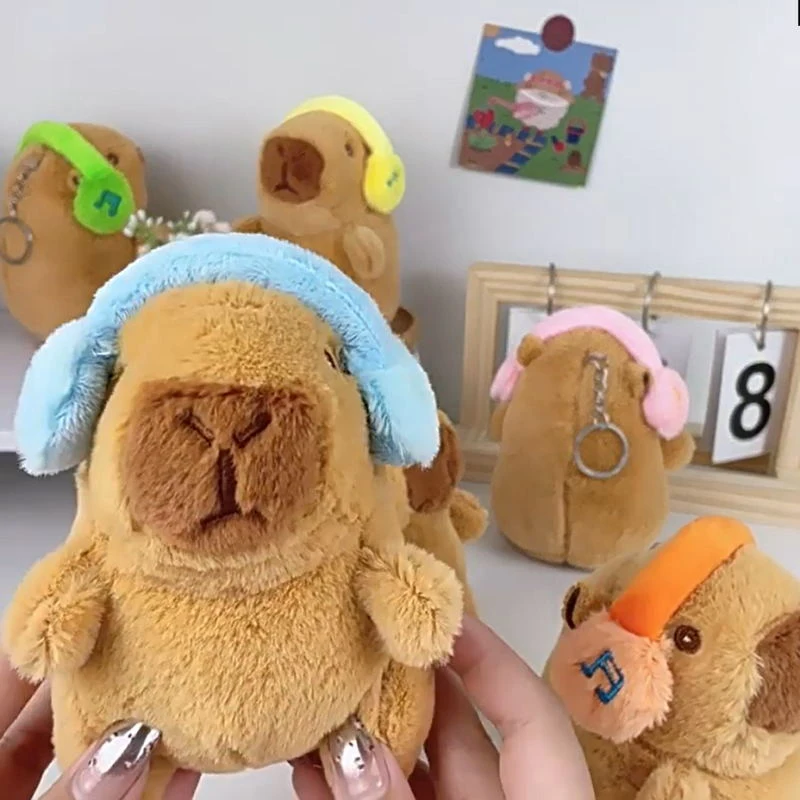 Creative Cute Headphone Capybara Plush Doll Toys Keychain Pendant Bag Hanging Ornaments Keyring Stuffed Doll Kids Birthday Gifts