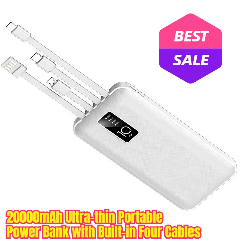 

20000mAh Ultra-thin Portable Power Bank with Built-in Four Cables