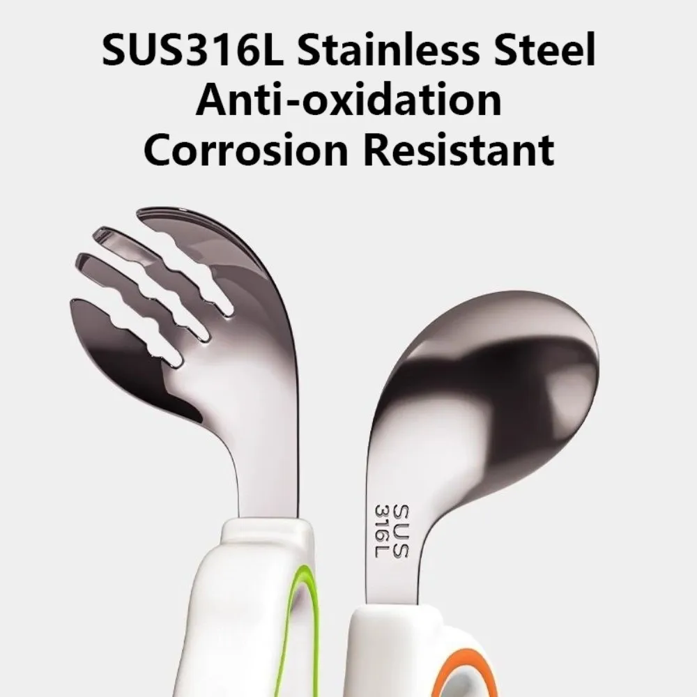 

Silicone Baby Fork and Spoon Set 316 Stainless Steel with Storage Box Baby Cutlery Short Handle Safe Child Tableware