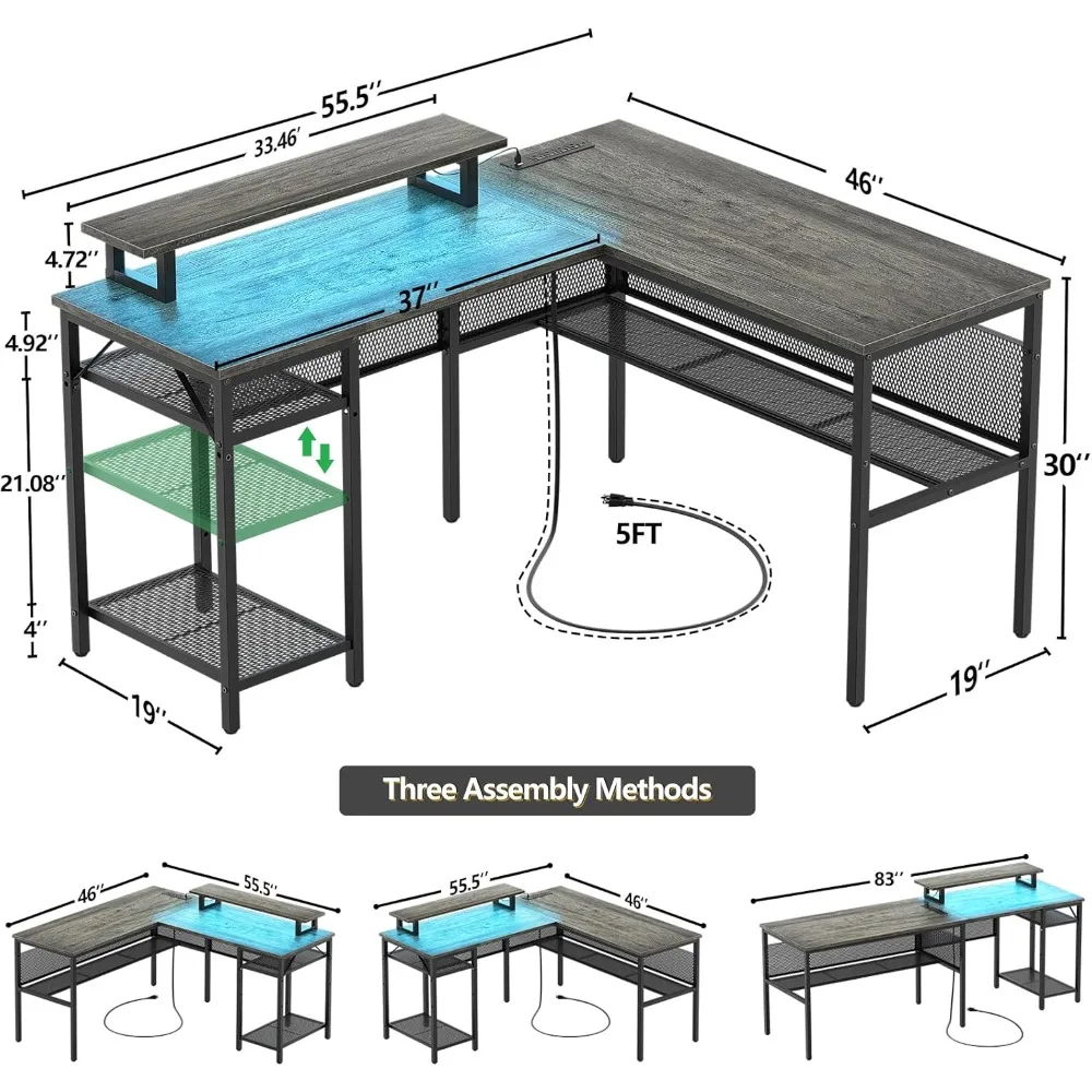 Unikito L Shaped Computer Desk With Magic Power Outlets And Smart LED Light, Reversible 55 Inch Corner Office Desk With Monitor