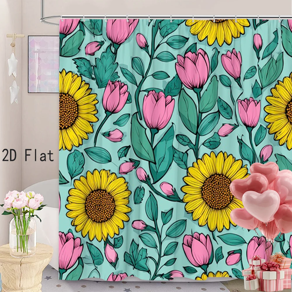 Vibrant Sunflower and Tulip Floral Shower Curtain Waterproof Bathroom Shower Curtain Liners for Home Decor