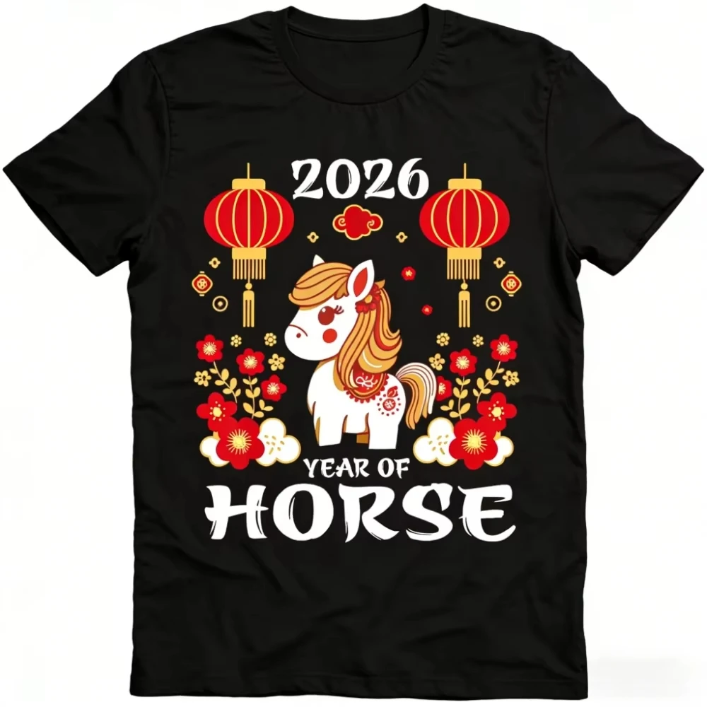 2026 Year of the Horse T-Shirt,Horse Graphic Tees for Kids & Adults, Chinese New Year Red Lucky Shirts,  Casual Holiday Gift Tee