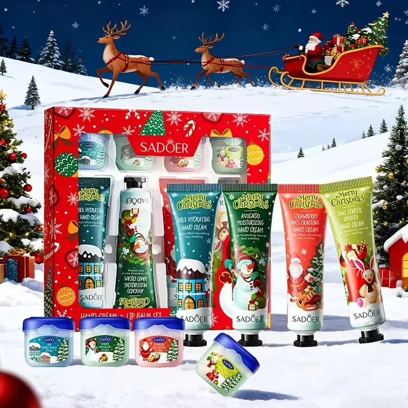 8pcs/Set Christmas Hand Cream Lip Balm Skin Care Sets Moisturizing Plump lips lipstick lip plumper Lips Hands Skin Care
