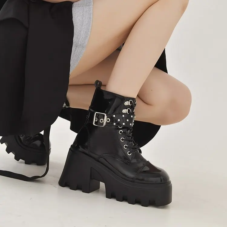 Women's Gothic Platform Boots, Punk High Heel Booties With Chain & Rivet Decoration, Black Motorcycle Boots_voghion.com