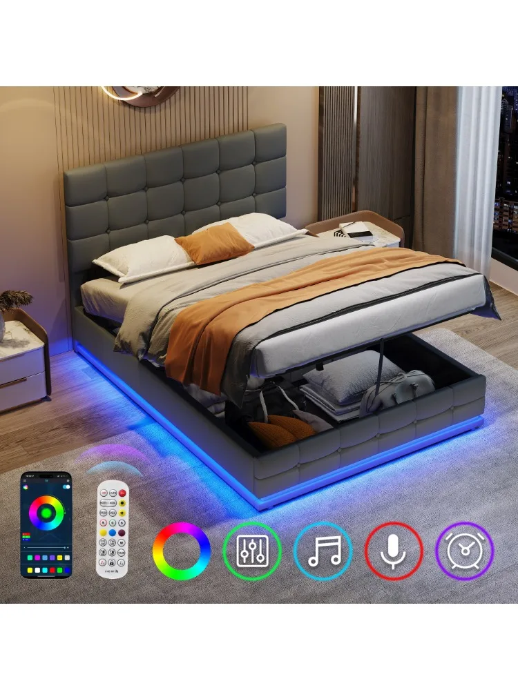 Ye Ottoman Double Bed with LED Lighting, PU Leather Upholstered Bed with Hydraulic Storage, Grey (No Mattress)