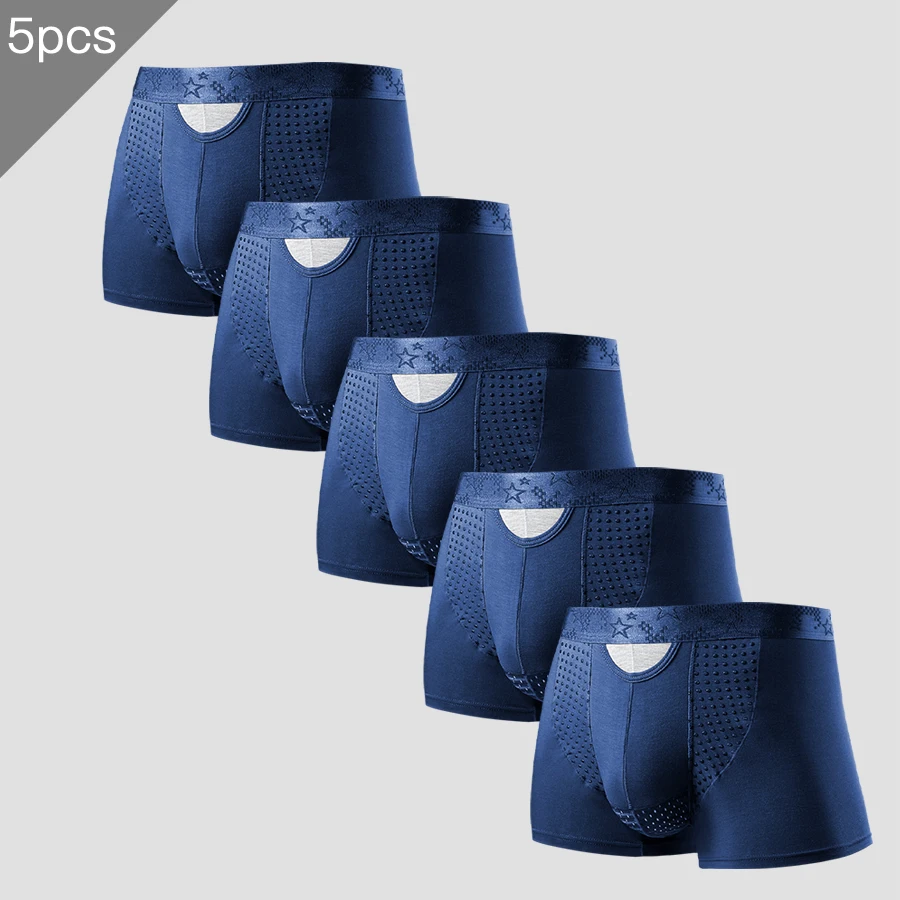 5 قطع ملابس داخلية منفصلة للرجال، سراويل سفلية من الوريد لدعم الصفن، سراويل رياضية ذات زاوية مسطحة منحنية من الحرير الجليدي