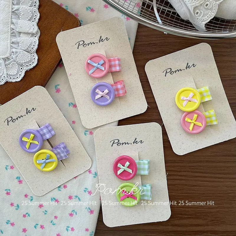 

2pcs/set Korean Cute Button Hair Clips Bow Dopamine Style Hairpins for Kids Girls Side Bangs Flyaways Colorful Forehead Clips