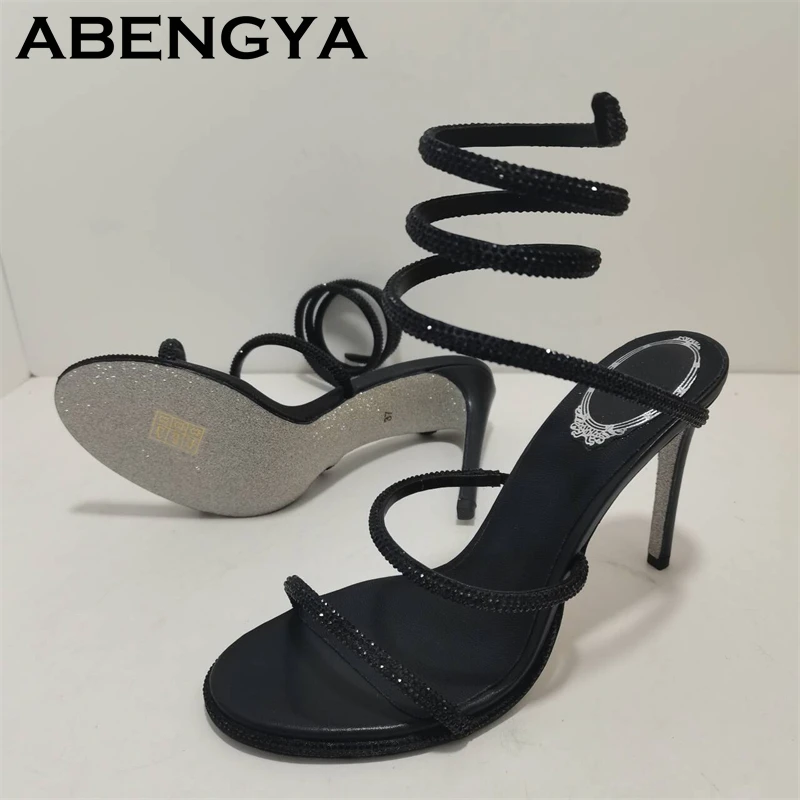 

Summer Thin High Heels Crystal Sandals Women Fashion Open Toe Snake Ankle Wrap Stilettos Sexy Party Wedding Brides Sandals Mujer