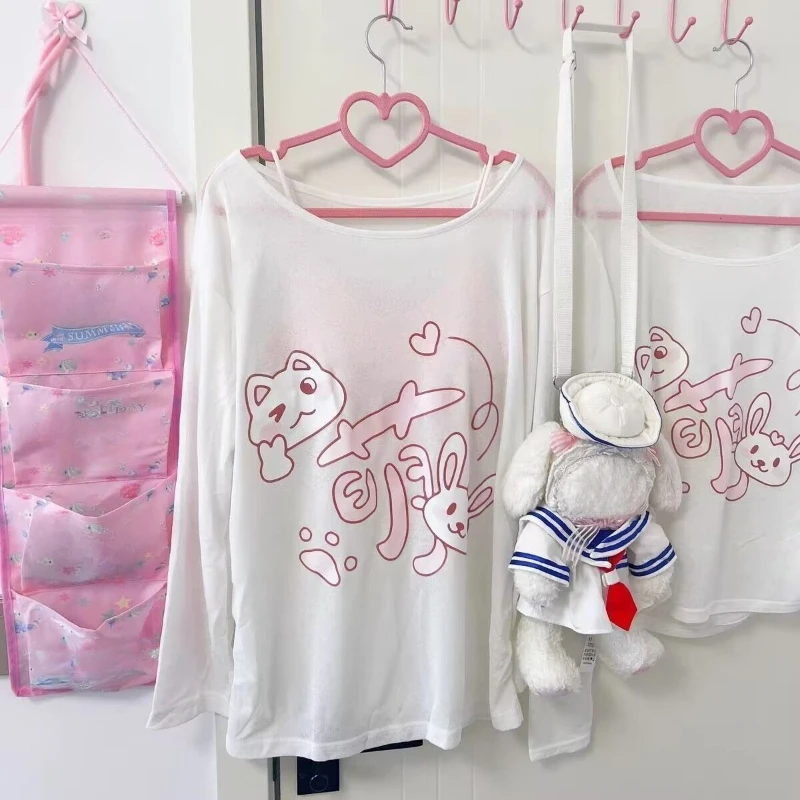 

Japanese Kawaii Long Sleeve T-Shirt Slash Neck Cartoon Print Women Casual Top Sweet Bodycon Cute Spring Autumn 2025 New Arrival