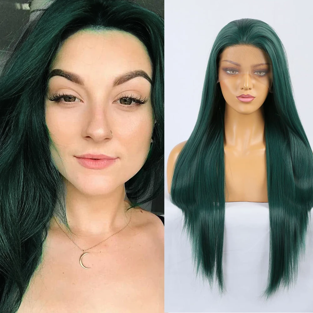 RONGDUOYI-Perucas sintéticas frente do laço para mulheres, cabelo longo e reto de seda, peruca frontal, linha fina natural, diariamente, verde