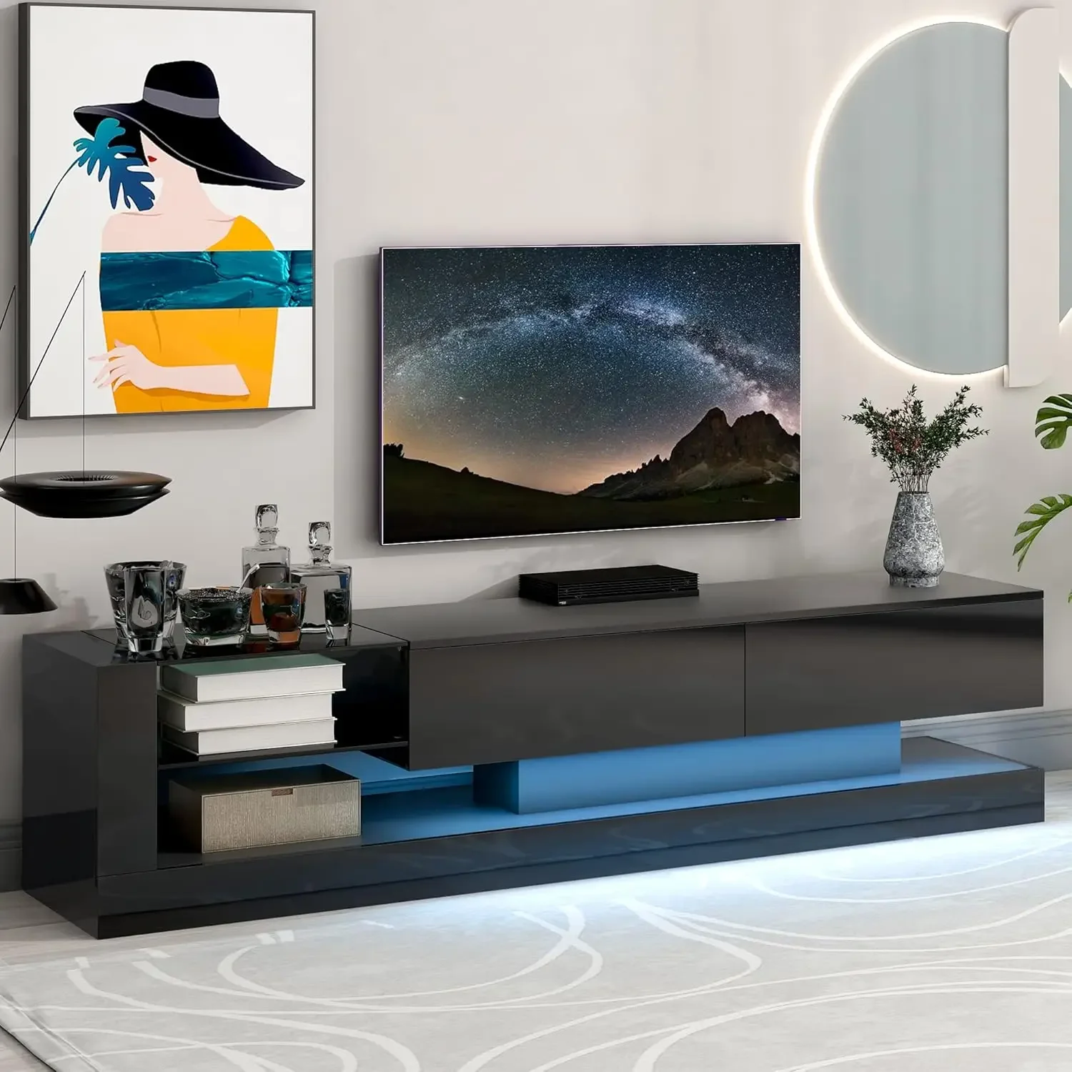 

Modern High Gloss TV Stand with Media Storage Cabinet for 75 Inch Televisions - 16-Color RGB LED Entertainment Center