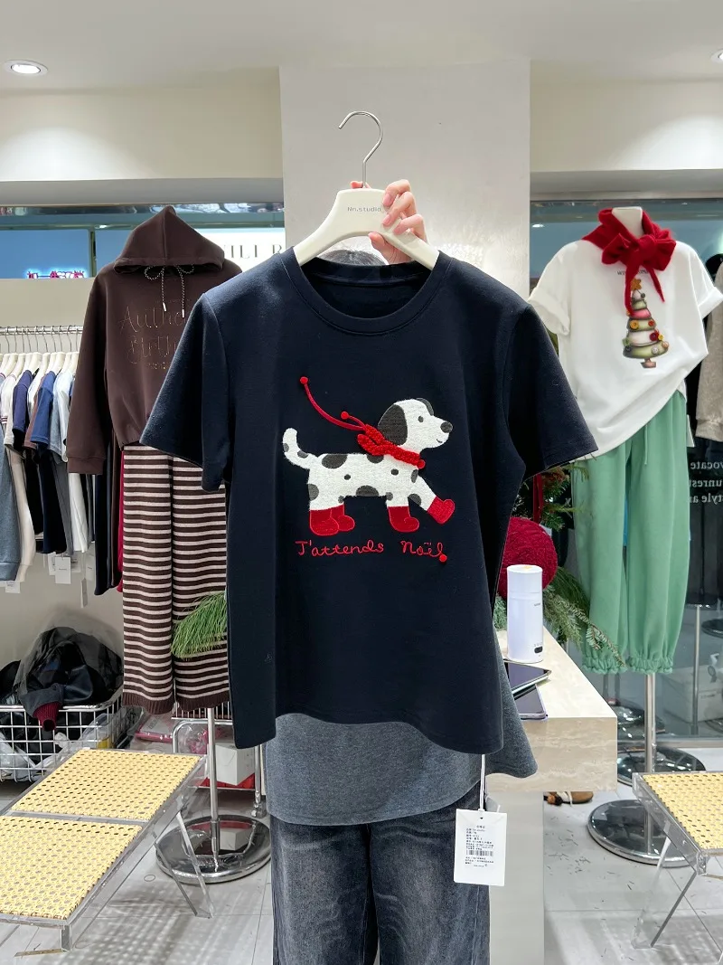 اليمين الكتف جولة الرقبة المطرزة الكرتون تيز الخريف سميكة نحى القطن أنيق الشباب فضفاض تي شيرت كامل للفتيات