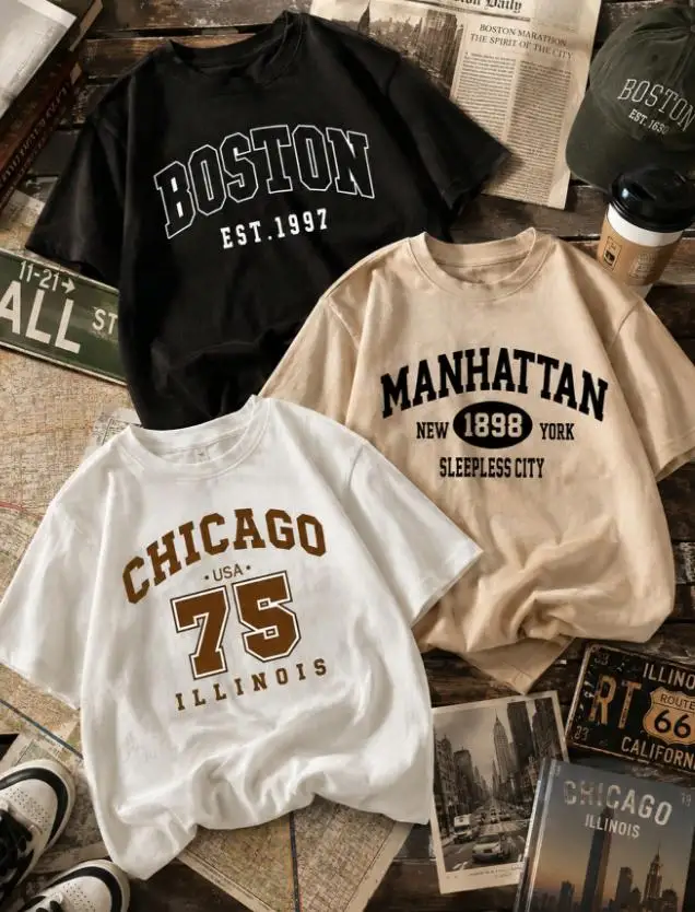 3 Pcs Multi Pack Women Summer Tops Cute Slogan Text Printed Tee Shirt Short Sleeve Round Neck Outing Basic Graphic Shirts