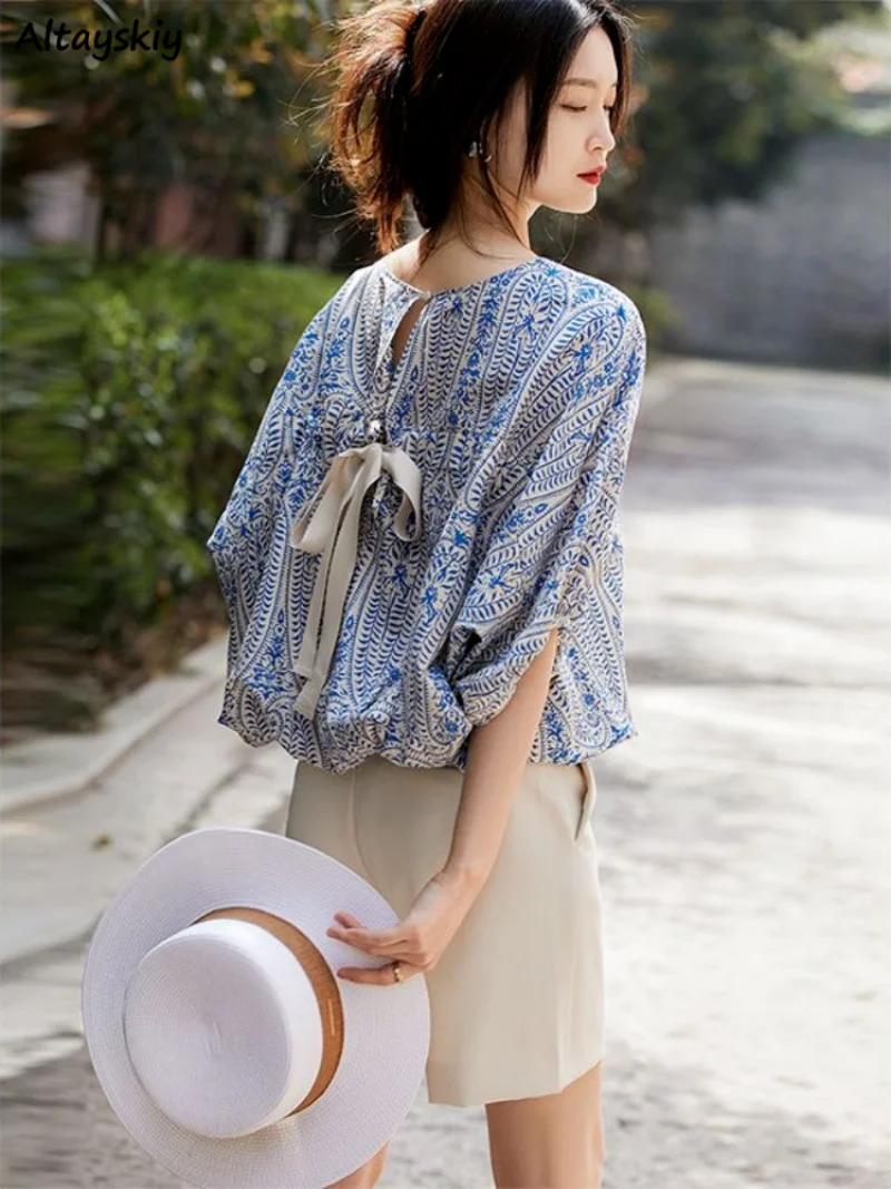 Summer Casual Blouses For Women Fashion Street Bow Design Elegant Summer Soft Batwing Sleeve Loose All-match Tops Ladies Blouse