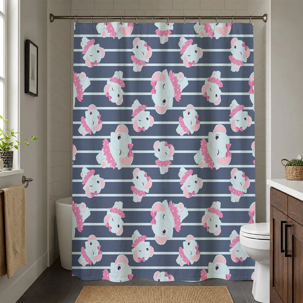 Waterproof Striped Cartoon Animal Print Shower Curtain Blue Hippo Bathroom Liner Cute Kids Novelty Decor Shower Curtain