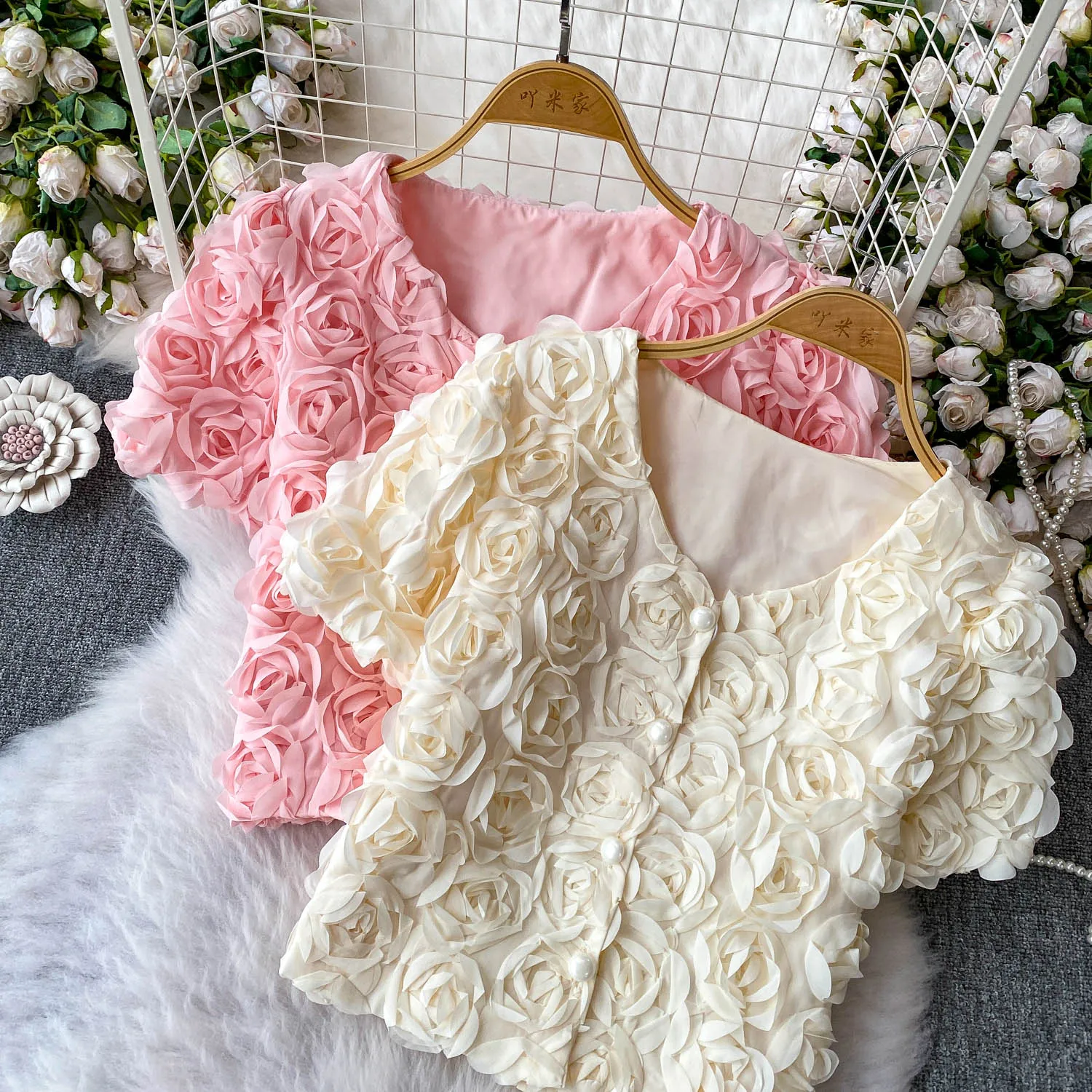 

Chic Women 3D Flowers V-neck Bubble Sleeve Shirts Summer Fairy Floral Mesh Spliced Roses Blouses High Waist Tees Crop Tops