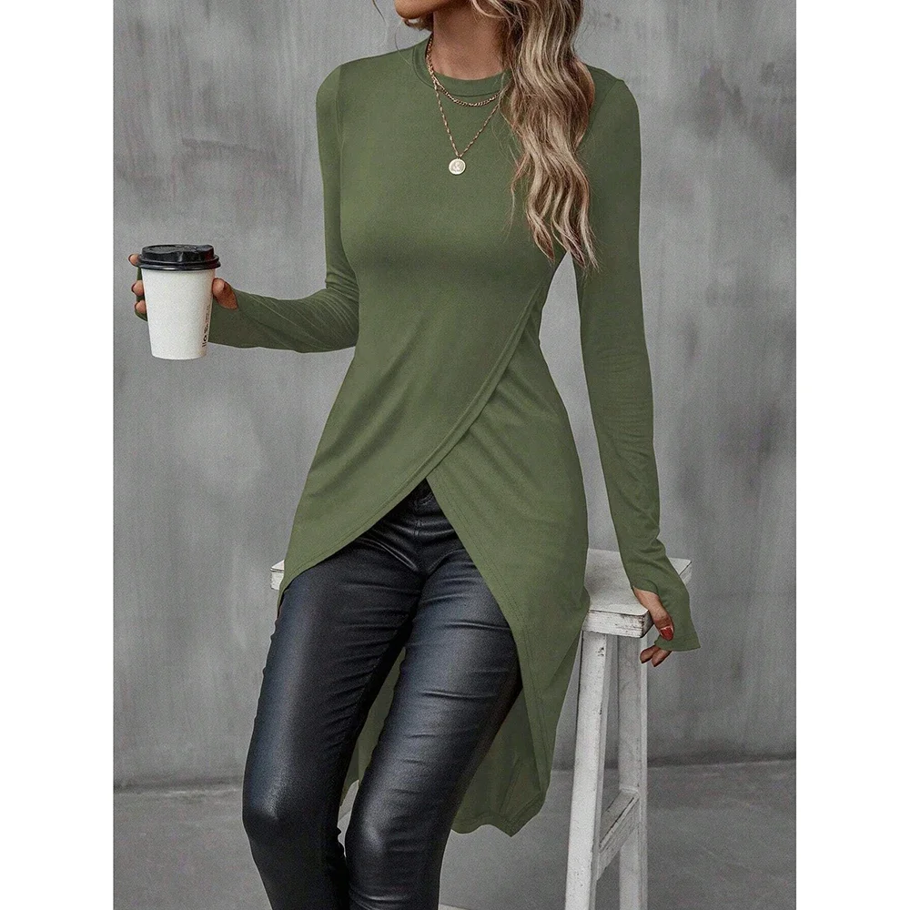 سترة نسائية غير متماثلة بأكمام طويلة: مقاس نحيف قابل للتمدد - ملابس كاجوال للخريف/الشتاء، بلوزة متعددة الألوان بحاشية عالية ومنخفضة #5