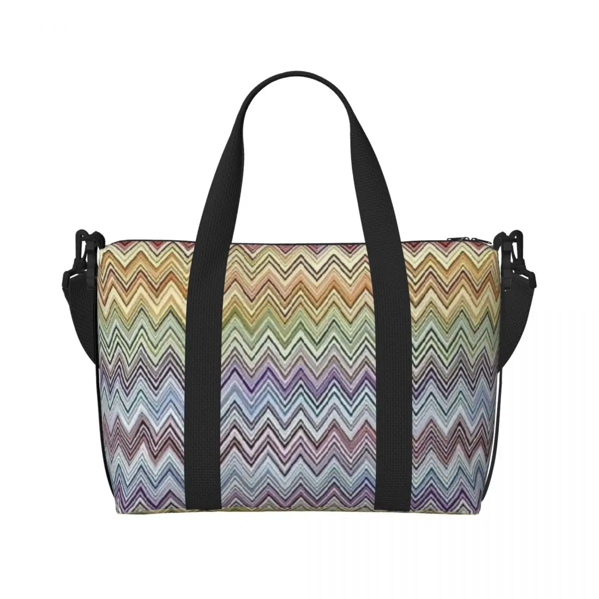 Custom Boho Chic Modern Zigzags Beach Tote Bag for Women Extra Large Gym Carry On Geometric Multicolor Travel Shopping Bags