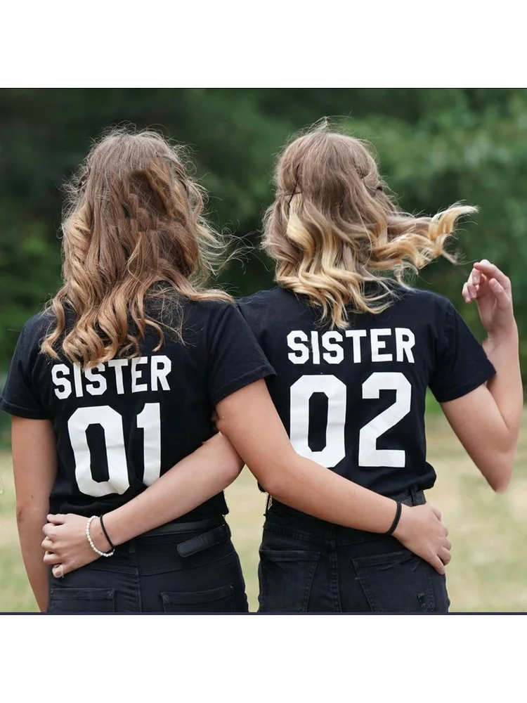 Women Fashion Summer Casual Best Friends T Shirt SISTER 01 SISTER 02 Tees Shirt Short Sleeve Sister Matching Outfit Female Tops