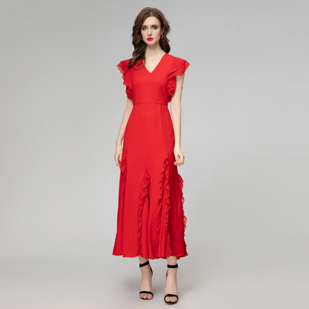 ZJYT Elegant Ruffles Patchwork Red Long Evening Party Dresses for Women 2024 Summer Special Occasion Maxi Dress Butterfly Sleeve