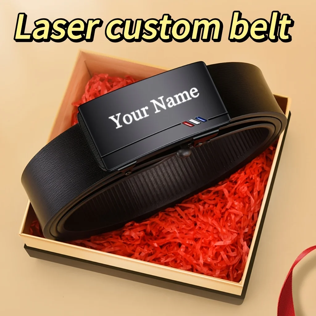 Elegant Personalized Men's Belt, Faux Leather with Custom Engrave Name, Automatic Alloy Buckle, Business, Gift for Father'S Day